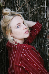 young beautiful blonde in a red dress