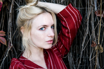 young beautiful blonde in a red dress