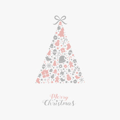 Fototapeta na wymiar Christmas greeting card with Xmas tree made of festive elements. Vector