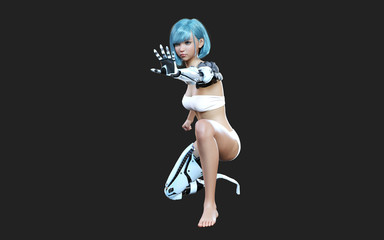 3d illustration or model of futuristic steel robotic girl posing on dark background with clipping path. Robot's action and pose. Robotic steel hand and leg.