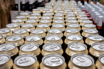 Top view. Aluminum cans in the market Cover alumiunum cans. Aluminum cans.