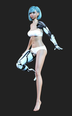 Obraz na płótnie Canvas 3d illustration or model of futuristic steel robotic girl posing on dark background with clipping path. Robot's action and pose. Robotic steel hand and leg.