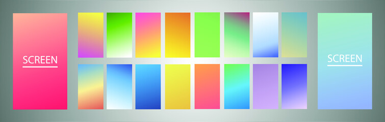Vector EPS 10 Gradient Set. Different colors. Modern Smartphone screen, mobile app Template. Design for Wallpaper, background, banner, flyer, Social media post. 
