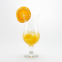 Iced orange juice glass, with slice of orange, on white background