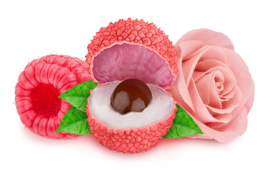 Tender pink composition with lychee and rose flower isolated on a white background with clipping path.