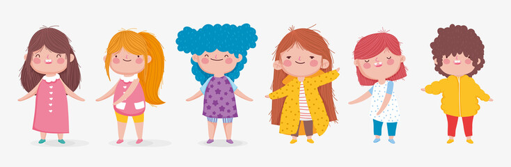 set of cute kids boy and girl standing on white background