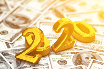 Concept of gold 2020 New Year text on maoney dollars background. 3D Render