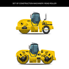 Set of realistic construction machinery. Road roller