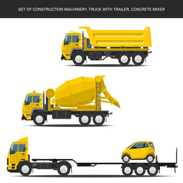 Set of realistic construction machinery. Truck with trailer, concrete mixer