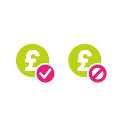 Two money icons. Green circles with pound sterling signs and green circle with tick and crossed circle.