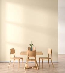 Empty wall mock up in modern dining room with wooden chair and table.  Minimalist dining room design with copy space. 3D illustration.