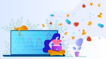 Woman analyze charts and get conversions from social networks. SMM design concept.