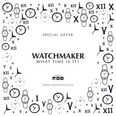 Watchmaker banner with hand draw doodle background.