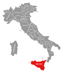 Sicily red highlighted in map of Italy