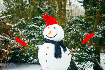smiling snowman in red hat with gloves