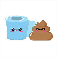 vector toilet paper and poo character set isolated on white background. Funky kawaii tolet paper roll and cute little poop collection