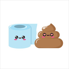 vector toilet paper and poo character set isolated on white background. Funky kawaii tolet paper roll and cute little poop collection