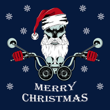 Vector image of a santa claus skull driving a motorcycle. Illustration on a blue background.