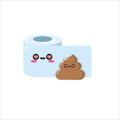 vector toilet paper and poo character set isolated on white background. Funky kawaii tolet paper roll and cute little poop collection