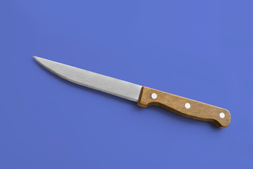Kitchen accessories - medium utility knife with a wooden handle on a blue background. Cooking tools.