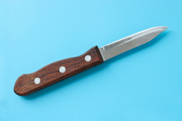 Kitchen utensils - a small knife with a wooden handle for vegetables on a blue background. Cooking tools.