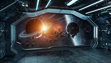 Dark blue spaceship futuristic interior with window view on space and planets 3d rendering