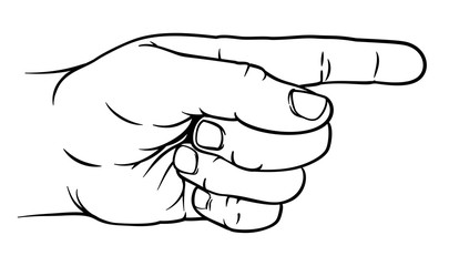 A hand pointing a finger in a direction sign. In a vintage antique engraving woodblock or woodcut style.
