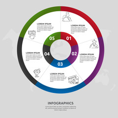 Vector flat template circle and sector infographics. Business concept with 5 sectors. Five steps for content, flowchart, timeline, levels, marketing, presentation, graph, diagrams, slideshow