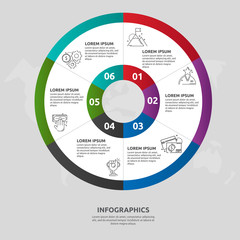 Vector flat template circle and sector infographics. Business concept with 6 sectors. Six steps for content, flowchart, timeline, levels, marketing, presentation, graph, diagrams, slideshow