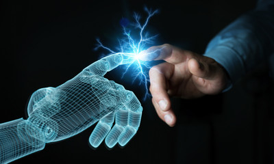Wireframed Robot hand connecting with human hand on dark 3D rendering