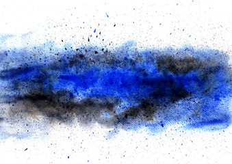 Abstract blue and black splash brush watercolor hand painting background.