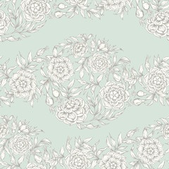 Roses Seamless pattern, background. Graphic drawing, engraving style. Vector illustration. In art nouveau style, vintage, old retro style