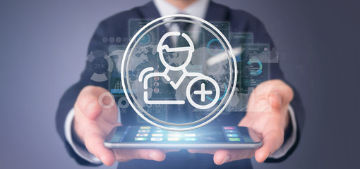 Businessman holding new contact icon