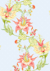 Fantasy flowers in retro, vintage, jacobean embroidery style. Seamless pattern, background. Colored vector illustration