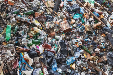 Background of garbage waste with a huge amount of used packaging from household products and food