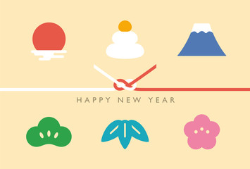 Japanese new year card with 6 icons. Yellow background. Sunrise, rice cakes, Mount Fuji, pine, bamboo, plum.