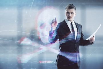 Man and hacking icon hologram. Double exposure. Concept of data safety