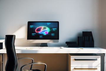 Naklejka premium Desktop interior with computer, table and chair. Human brain drawing on monitor. Concept of education. 3d rendering.