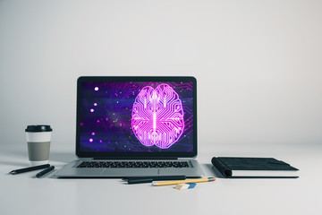 Laptop closeup with brain drawing on computer screen. Big data concept. 3d rendering.