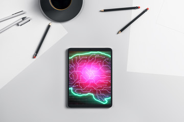 Digital tablet closeup with brain drawing on screen. Data technology concept. 3d rendering.