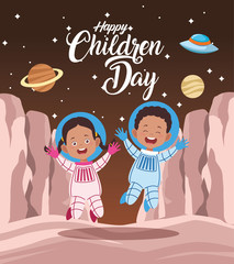 happy children day celebration with kids couple in the space