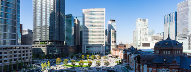  (東京都-風景パノラマ)青空の下の東京駅パノラマ風景４
