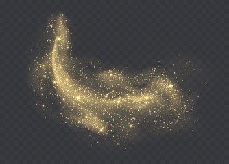 Golden dust cloud with sparkles isolated on transparent background. Stardust sparkling background. Glowing glitter smoke or splash. Vector illustration. © Likanaris
