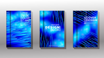 Vector collection of book covers, brochures etc. Colorful abstract diagonal lines on gradient futuristic background. Light trails effect and bokeh