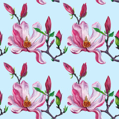 seamless pattern with pink Magnolia flowers. watercolor Botanical