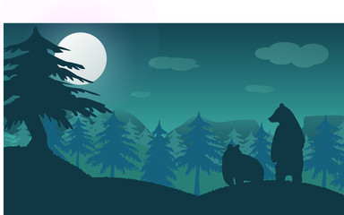 The bear is in the dark forest