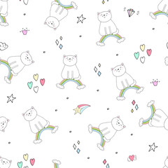 Hand drawn seamless pattern with cute cat on a rainbow, doodle illustration for kids vector print