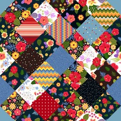 Bright patchwork pattern with colorful tropical flowers. Blanket, rug, pillowcase.