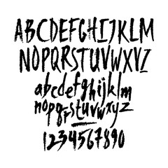 Vector numbers lowcase and uppercase letters. Hand written latin alphabet. Isolated black on white background. Clipping paths included.
