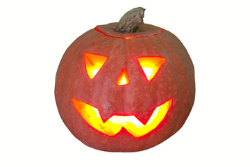 Glowing Halloween Pumpkin isolated,halloween pumpkin glowing on a white background, burning candle in pumpkin
